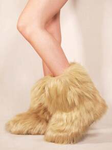 Where’s That From Malaya Platform Fluffy Faux Fur Ankle Boots - Beige - View 1