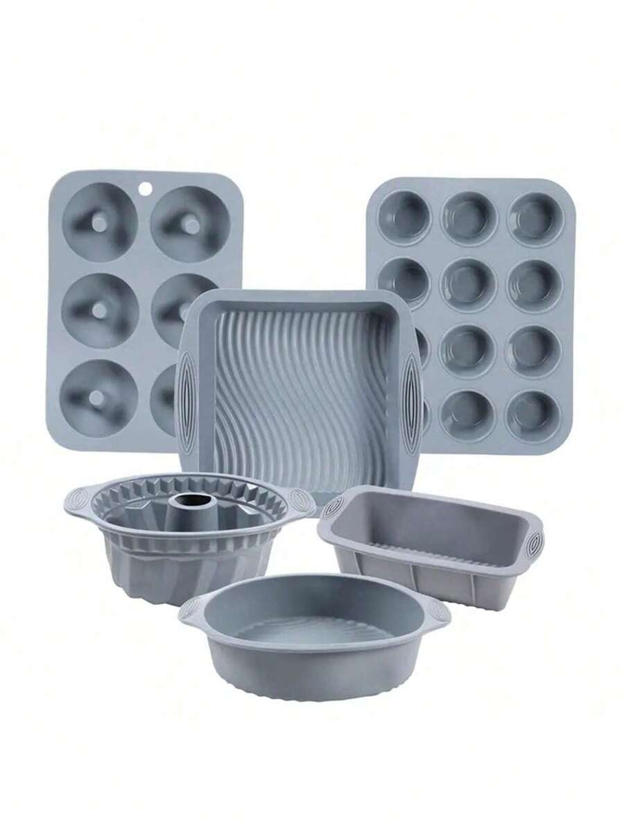 6入組矽膠廚房烘焙套裝，包括防黏矽膠烤盤、矽膠蛋糕模、松餅模、甜甜圈模、杯子蛋糕模、蛋糕模 - 灰色 - 查看 1