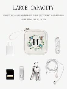 1 件字母印花便携式迷你收纳袋，手持式多功能数码整理袋，可容纳电缆、耳机、口红、卫生巾、移动电源和 USB 旅行学校大学电子包充电器手提箱电缆整理盒行李旅行包电缆包电子数据线床头收纳袋，适用于旅行 Airpods 相机收集女性男性儿童圣诞礼物必备教师用品防水轻便大容量便携式配件 - 白色 - 查看 15