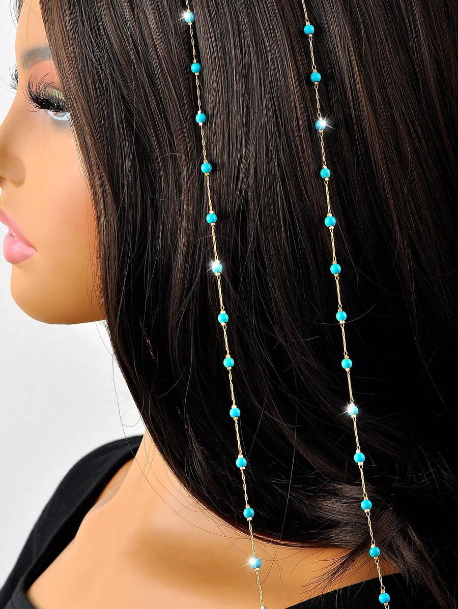 2 Pieces Of Charm, Fashionable And Simple Bohemian Style Chain Women Blue Rice Bead Decorated Hair Clip Hair Chain Set Braid Beads Hair Braiding Metal Decoration/Accessories Jewelry Carnival Head Jewelry Head Pieces Jewelry, Hair Jewellery, Wedding