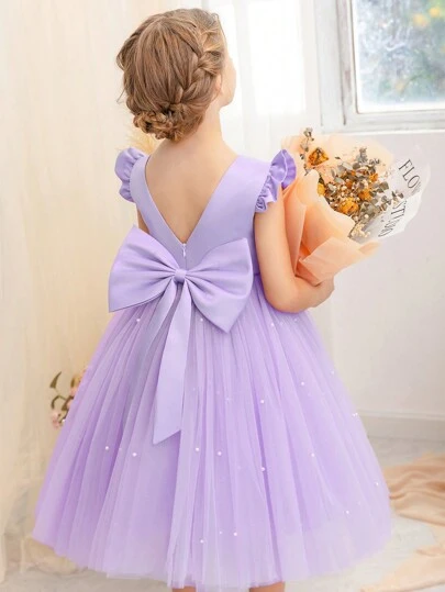 Purple Butterfly Sleeve Bow Tulle Party Dress, Elegant Princess Dress For Girls, Suitable For Birthday Party, Wedding, Prom, Holiday Celebration, Flower Girl