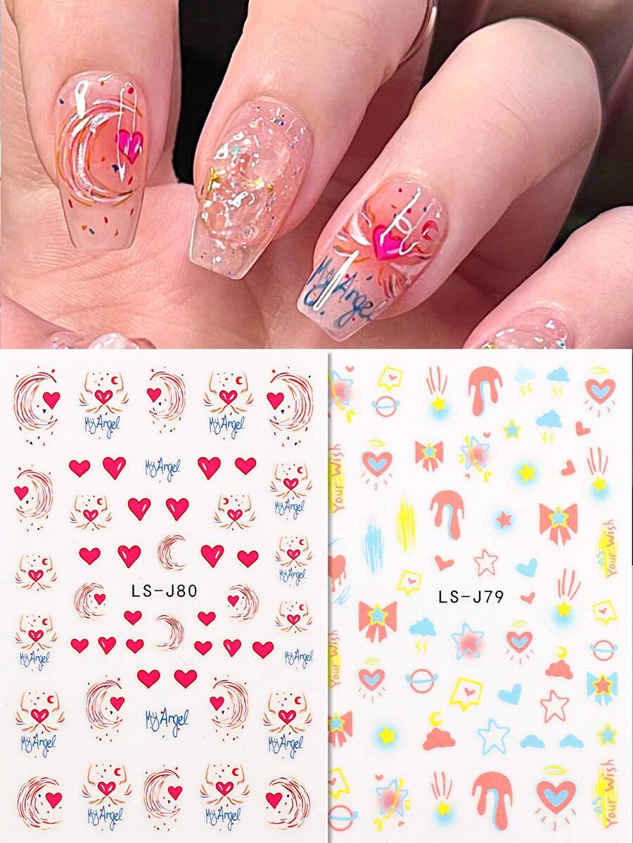 2 包多巴胺童趣指甲贴纸红心、星星、月亮和云朵卡通指甲贴花 Y2K 卡哇伊指甲装饰 DIY - 彩色 - 查看 1