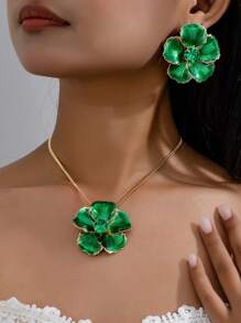 3 pièces Ensemble de collier et boucles d'oreilles avec pendentif fleur à 5 pétales émaillés, cadeau polyvalent pour femmes
