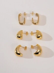 3對INS時尚耳環18KPVD鍍金C形耳環，幾何不鏽鋼 - 金色 - 查看 5