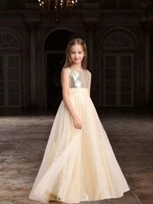 Vestido formal de malha com lantejoulas sem mangas para meninas, vestido de dama de honra para casamento, festa de aniversário, baile de formatura, formatura, verão