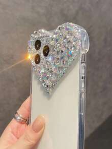 Carcasa para teléfono móvil TPU transparente con corazón grande brillante de purpurina transparente incrustado con diamantes de imitación de mano pura y con estilo, compatible con iPhone y de llegada nueva - transparente - Ver 3