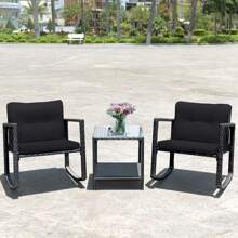 3 Pieces Outdoor Rocking Bistro Set, PE Rattan Rocking Chair Set With Cushions, Tempered Glass-Top Coffee Table And Storage Shelf, Patio Wicker Conversation Set For Garden, Backyard And Poolside - Black - View 4
