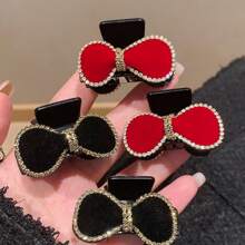 2pcs Women's Black Flocked Hairpins With Rhinestone Bow Detail Bow, Vintage Palace Style Hair Clip For Autumn And Winter, Suitable For Bangs And Princess Hairstyles Cute Flower Clip Valentine's Day Valentines