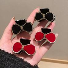 2pcs Women's Black Flocked Hairpins With Rhinestone Bow Detail Bow, Vintage Palace Style Hair Clip For Autumn And Winter, Suitable For Bangs And Princess Hairstyles Cute Flower Clip Valentine's Day Valentines