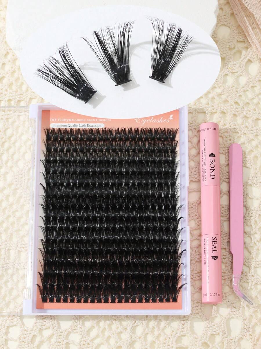 Bộ mở rộng mi cong 80D 12-18mm D với sợi mi liên kết và keo dán cụm lông mi Dụng cụ trang điểm DIY Bộ mi mở rộng để dán mi - màu đen - Xem 1