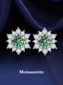 2pcs Sweet And Versatile 925 Silver Single 50 Points Blue-Green Rainbow Moissanite Perfect For Women For Daily Wear, Banquets And Commuting Jewelry Mother's Day Gift Rhinestone Earrings Valentines