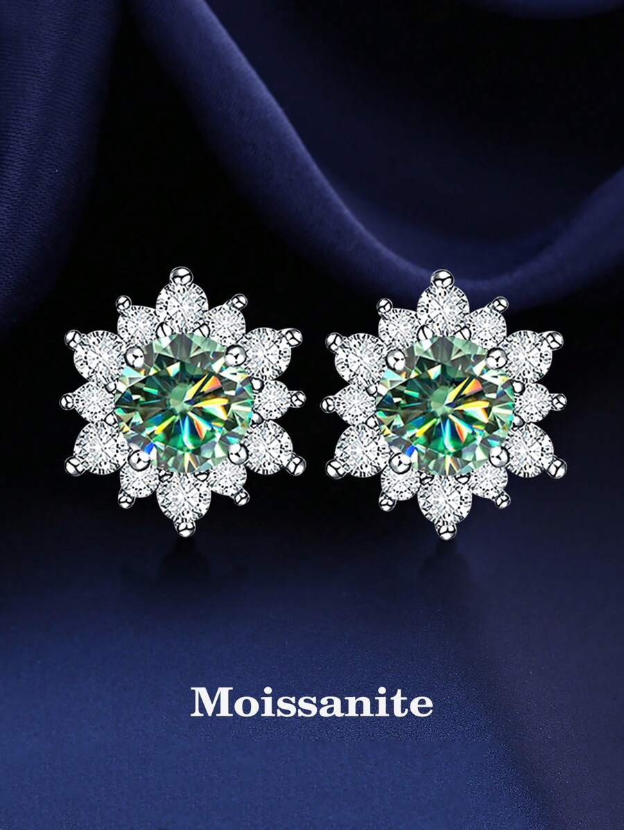 2pcs Sweet And Versatile 925 Silver Single 50 Points Blue-Green Rainbow Moissanite Perfect For Women For Daily Wear, Banquets And Commuting Jewelry Mother's Day Gift Rhinestone Earrings Valentines