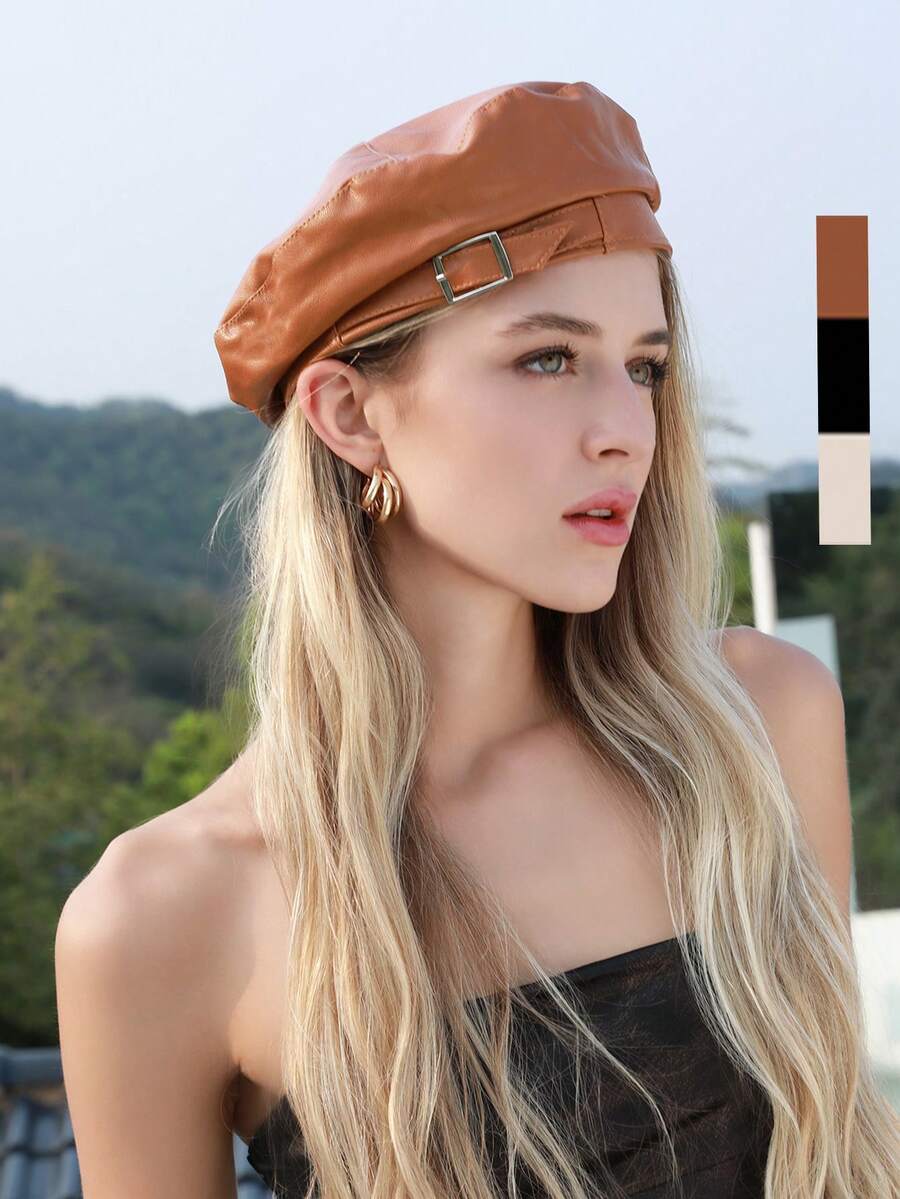 1 pieza de sombrero tipo boina de PU monocromático para mujeres con hebilla ajustable y diseño elegante de cuatro esquinas; adecuado para sesión de fotos de viaje