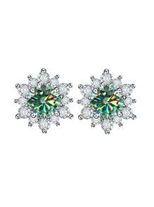 2pcs Sweet And Versatile 925 Silver Single 50 Points Blue-Green Rainbow Moissanite Perfect For Women For Daily Wear, Banquets And Commuting Jewelry Mother's Day Gift Rhinestone Earrings Valentines