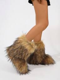 Women's Faux Fur Boot Furry Fluffy Round Toe Suede Winter Comfy Plush Warm Short Outdoor Indoor Flat Shoes Mid-Calf Boots Fashion Boots