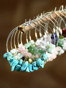 2pcs Handmade Asymmetrical Natural Stone Earrings With Beach Vacation Style Beaded Large Circle For Women Round Dangle Earrings - Multicolor - View 3