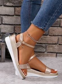 Women Summer Casual Thick Bottom Wedge Heel Simple Anti-Slip Soft Leather Open Toe Sandal - Gold - View 3