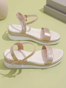 Women Summer Casual Thick Bottom Wedge Heel Simple Anti-Slip Soft Leather Open Toe Sandal - Gold - View 5