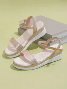 Women Summer Casual Thick Bottom Wedge Heel Simple Anti-Slip Soft Leather Open Toe Sandal - Gold - View 4