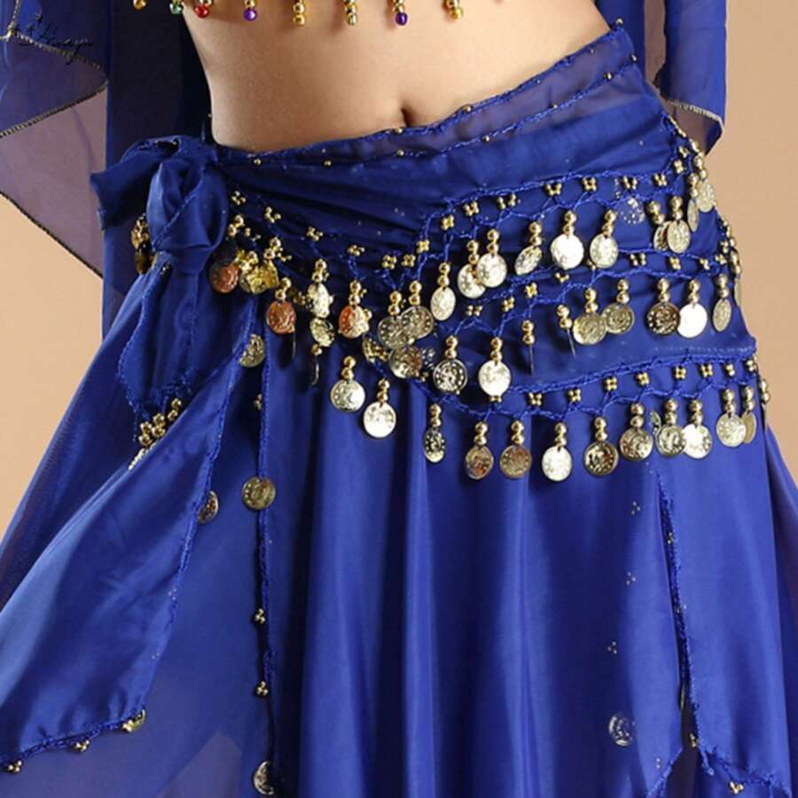 1pc Belly Dance Hip Scarf With 98 Coins, Available In 10 Colors - Blue - View 1