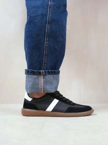 Where’s That From Pace Contrast Panel Lace Up Gum Sole Trainers In Faux Leather - Black - View 1