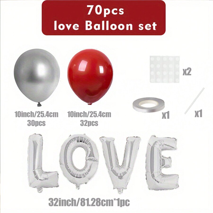 70pcs 32 Inch Silver LOVE And Pomegranate Red Metallic Balloon Set With