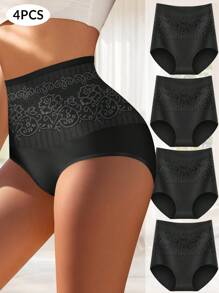 MEIYATING 4 Pairs Plus Size Women Cotton Panties, Floral Lace High Waist Abdomen Control Seamless Shapewear Briefs