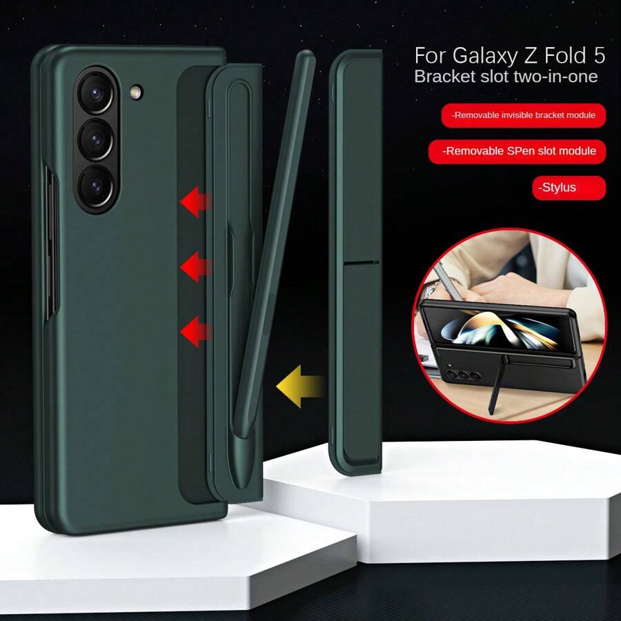 2-In-1 Business High-End Phone Case With Foldable Stand And Pen Slot And Handwriting Stylus Compatible With Samsung Z Fold5 Fold4 Fold3 - Green - View 1