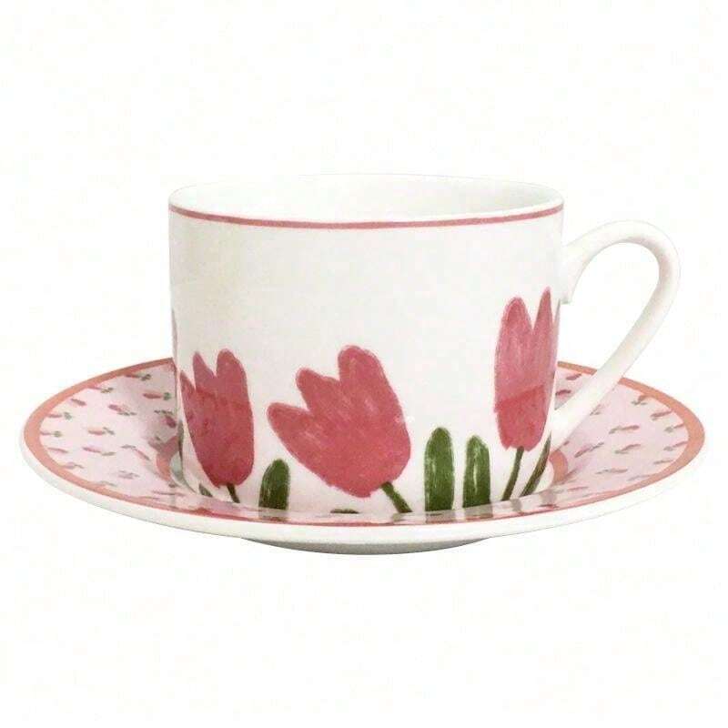 A Set Of Pink Tulip Ceramic Coffee Cup And Plate Set, Ins Korean French ...