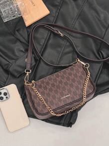 In 2024, The New Fashion Classic Joker Pu Waterproof Fabric Letter Pattern Printing Design Metal Chain Decoration Design Baguette Bag Shoulder Bag Is Suitable For Shopping.