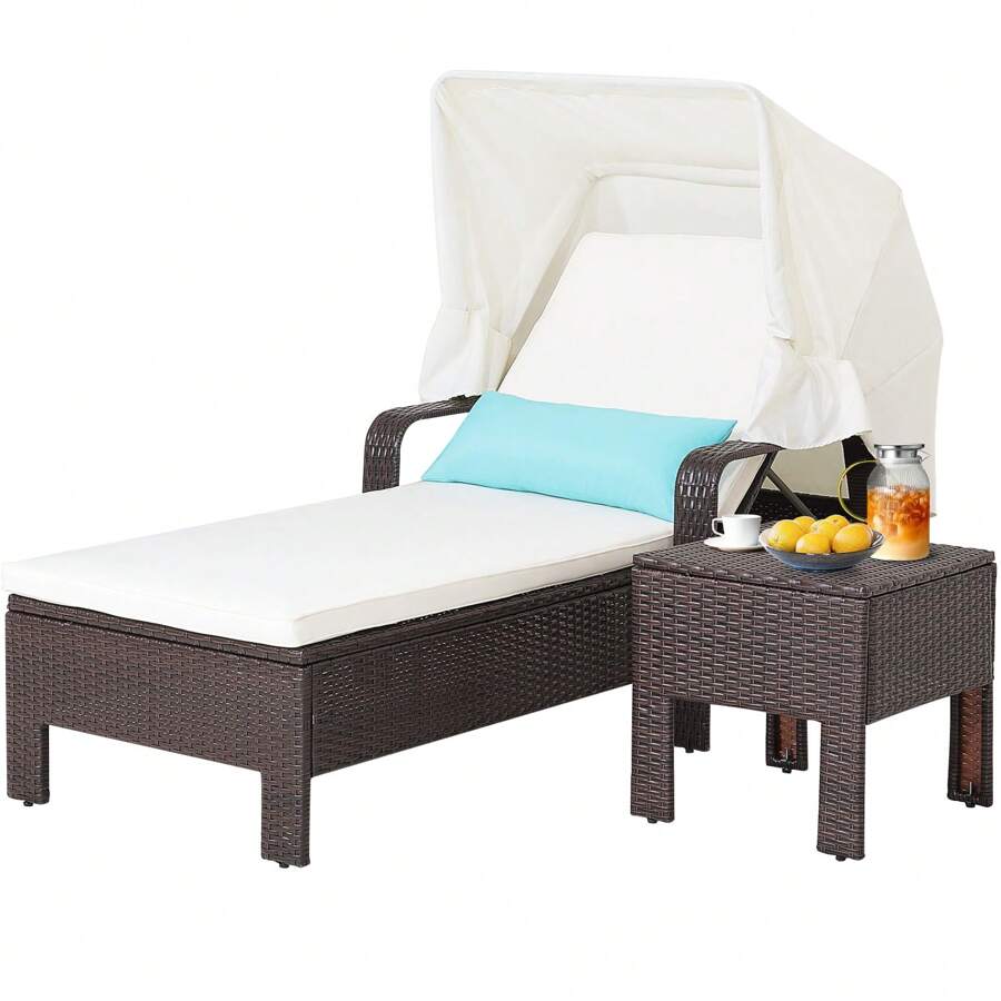 Outdoor Chaise Lounge Chair And Table Set With Folding Canopy And Armrests, Patio Rattan Reclining Chair With 6-Level Adjustable Backrest, Cushioned Outdoor Recliner For Poolside, Backyard - Brown - View 1