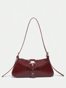 1 pièce Sac à épaule pour femmes  enrobé brillant style moto rétro avec boucle décorative, fermeture à glissière, sangle réglable. Convient pour les voyages, les vacances, l'extérieur, les femmes en tenue décontractée au bureau. Sac inspiré du style rétro parfait pour le bureau, les et le travail.