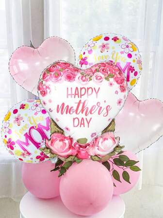 5pcs English Heart Carnation Aluminum Foil Balloon Set, Including "Mother Day" Heart Shaped Balloons, Pink Gradient Aluminum Foil Balloons, Suitable For Celebrating The World Best Mom On Mother Day, Birthday Parties, And Baby Gift Decorations.