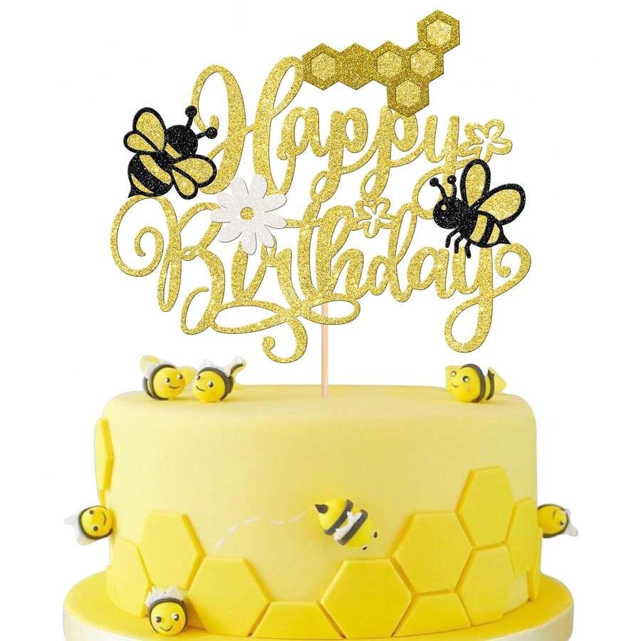 Decoración de pastel "Feliz día de la abeja" con topper para pastel, decoración de cumpleaños feliz de abejorro para fiesta temática de abejas y baby shower para niños y niñas, suministros de decoración de pastel de oro - Dorado - Ver 1
