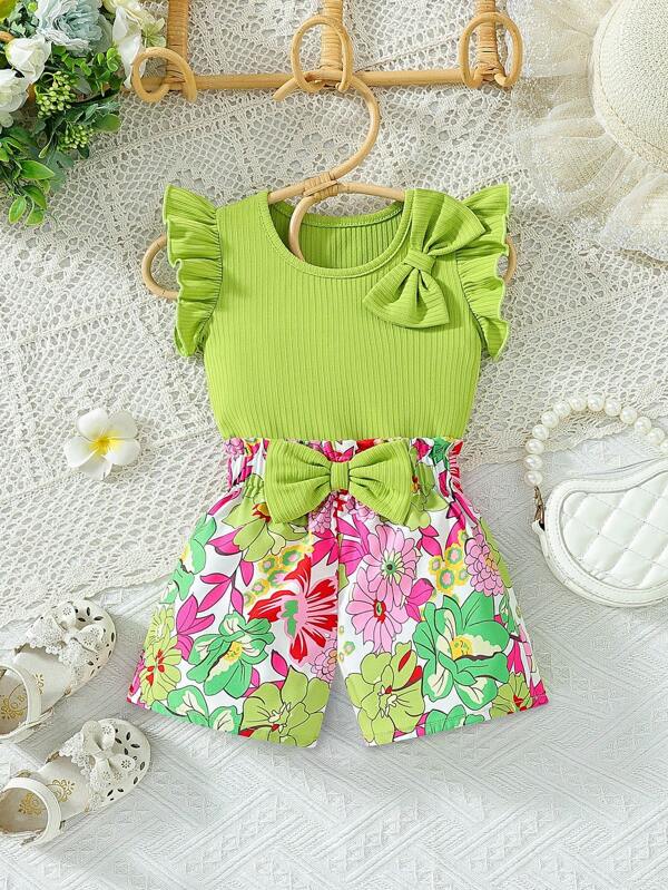 Baby Girl Ruffle Trim Bow Front Tee & Floral Print Paperbag Waist Shorts