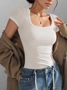 Camiseta de manga corta con cuello cuadrado de hilo tejido para mujer, simple y elegante, versátil, estilo ajustado y fresco, camiseta superior deportiva y cómoda que absorbe el sudor y es transpirable para fitness y otros deportes