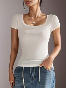 Camiseta de manga corta con cuello cuadrado de hilo tejido para mujer, simple y elegante, versátil, estilo ajustado y fresco, camiseta superior deportiva y cómoda que absorbe el sudor y es transpirable para fitness y otros deportes