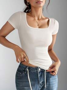 Camiseta de manga corta con cuello cuadrado de hilo tejido para mujer, simple y elegante, versátil, estilo ajustado y fresco, camiseta superior deportiva y cómoda que absorbe el sudor y es transpirable para fitness y otros deportes