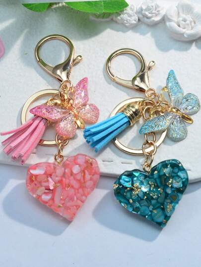 A Cute Couple Heart Keychain Lady Handbag Pendant Pink Purple Blue White Butterfly Tassel Decoration Gift Valentine's Day Valentines Car Accessories Bag Charm School