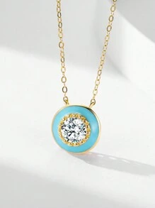 1pc 925 Sterling Silver Luxury Elegant Round Blue Enamel Pendant Shiny Cubic Zirconia Necklace For Women Wedding Engagement Fine Jewelry - Gold - View 3