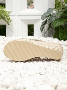 New Spring Summer Thick-Soled Open Toe Peep Toe Wedge Heel Women Sandals With Comfortable Suede Surface And Woven Rope Design - Gold - View 6