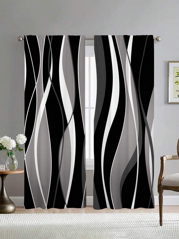 2pcs Abstract Art Stripes Black Gray Printed Window Curtain,Without Holes Curtain, Refer To Bedroom Office Kitchen Living Room Study Home Decor