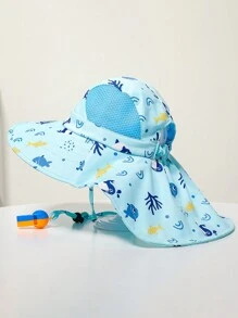 1 pieza Sombrero de protección solar para niños, Gorra de playa de verano anti-UV transpirable y de secado rápido con estampado y capa (color del silbato aleatorio)