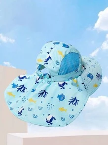 1 pieza Sombrero de protección solar para niños, Gorra de playa de verano anti-UV transpirable y de secado rápido con estampado y capa (color del silbato aleatorio)