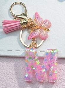 1 pieza Llavero con forma de mariposa rosa con brillo para mujeres, colgante decorado con borla para bolso, accesorio de coche con inicial de la A a la Z, accesorio de bolso, accesorio escolar, gótico lindo, accesorios Y2K, ideas de regalo de Halloween, accesorios del Día del Maestro, ideas de regalo de Navidad para amigos y hermanas - mariposa rosa - Ver 1