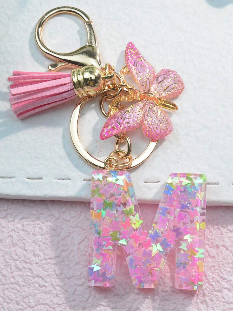1 pieza Llavero con forma de mariposa rosa con brillo para mujeres, colgante decorado con borla para bolso, accesorio de coche con inicial de la A a la Z, accesorio de bolso, accesorio escolar, gótico lindo, accesorios Y2K, ideas de regalo de Halloween, accesorios del Día del Maestro, ideas de regalo de Navidad para amigos y hermanas - mariposa rosa - Ver 1