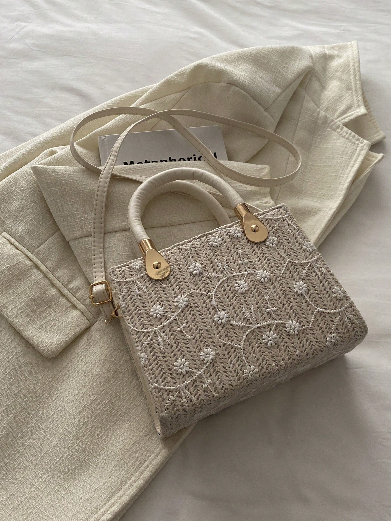 حقيبة يد نسائية ذات لون أحادي مطرزة بنمط حجري منسو...