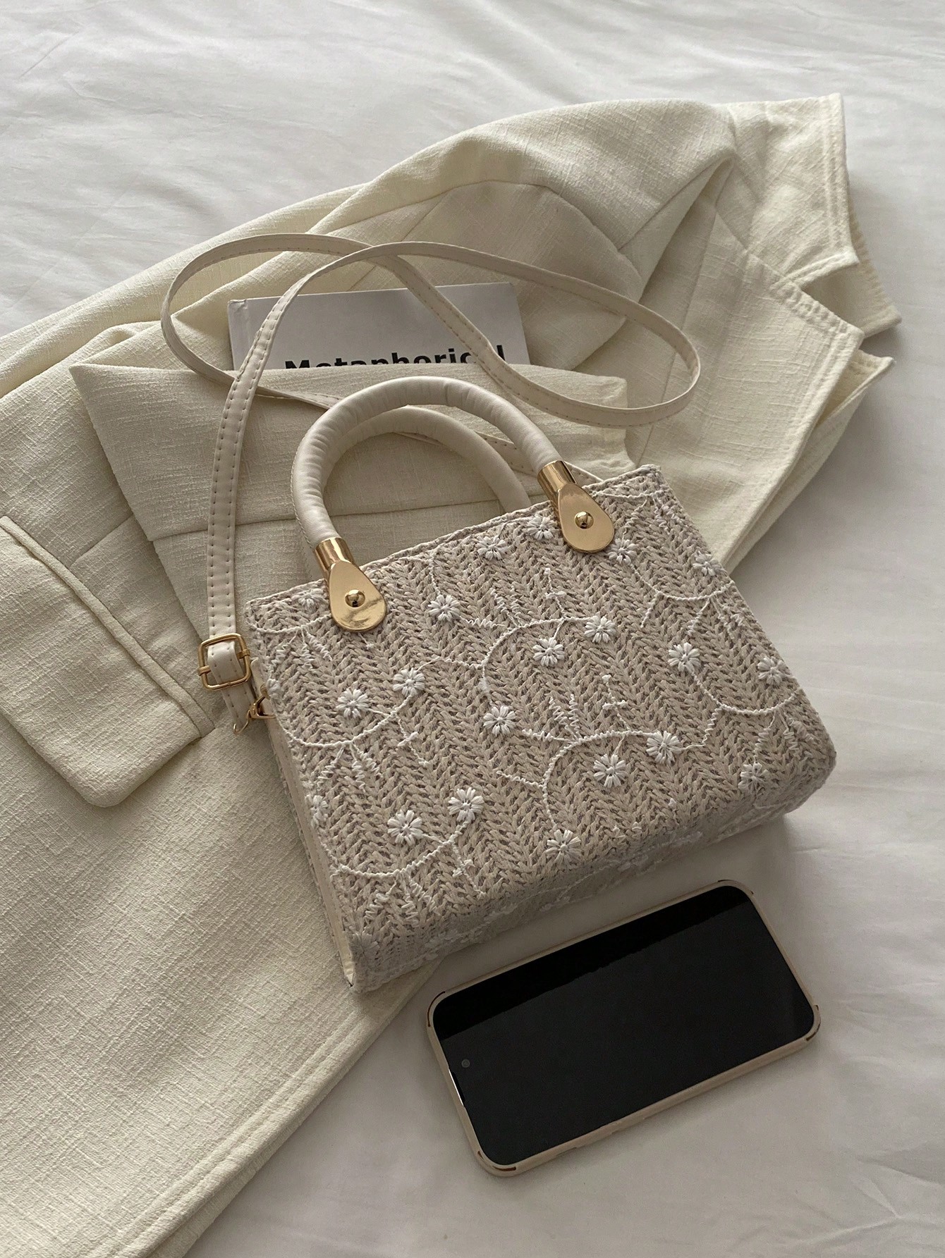 حقيبة يد نسائية ذات لون أحادي مطرزة بنمط حجري منسو...