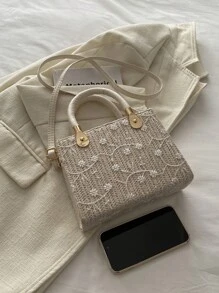 Women Pressed Crocodile Pattern Embroidery Thread Fashion Tote Bag Shoulder Crossbody Bag With Zipper Closure - White - View 5