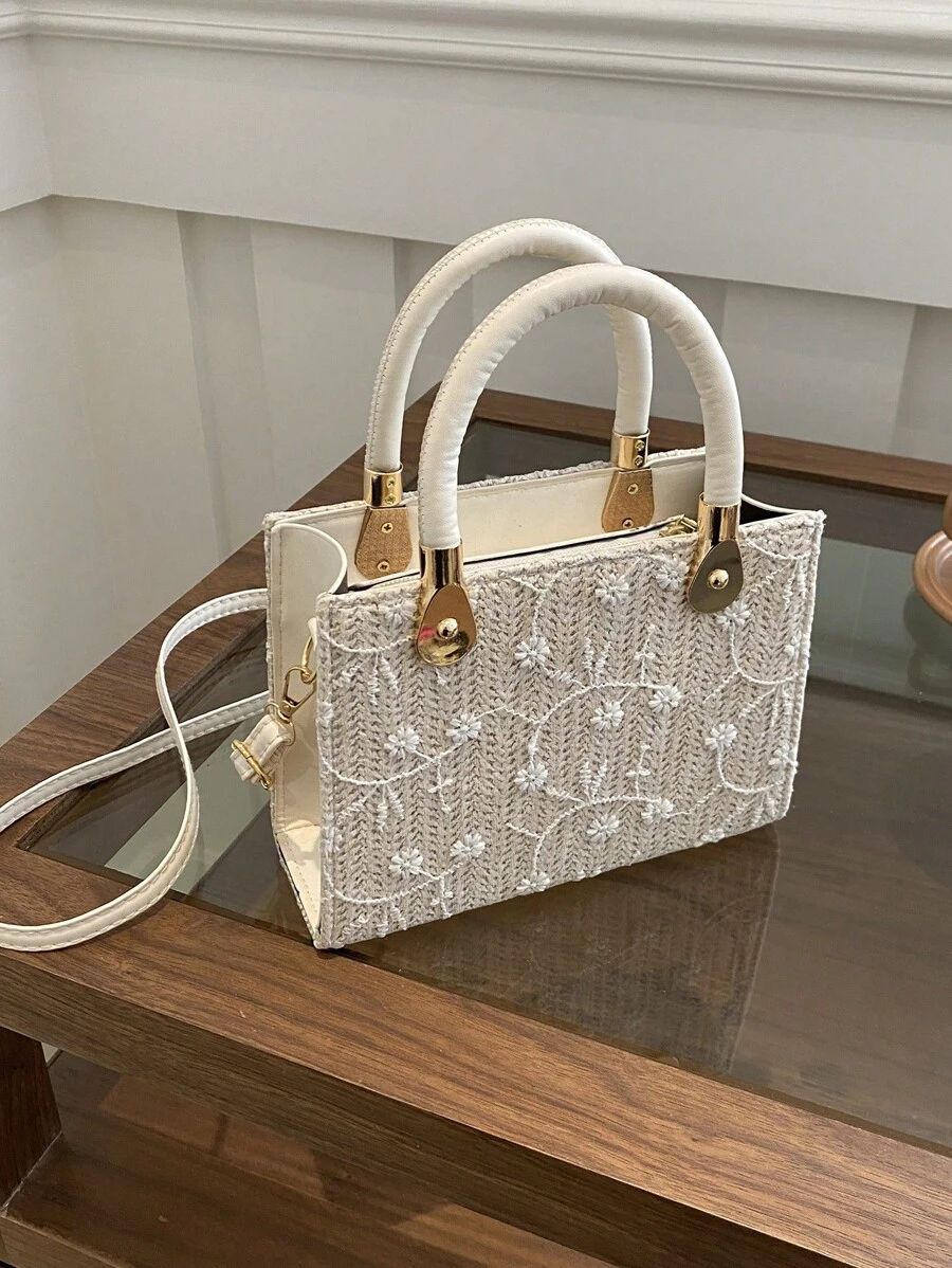 Women Pressed Crocodile Pattern Embroidery Thread Fashion Tote Bag Shoulder Crossbody Bag With Zipper Closure - White - View 1